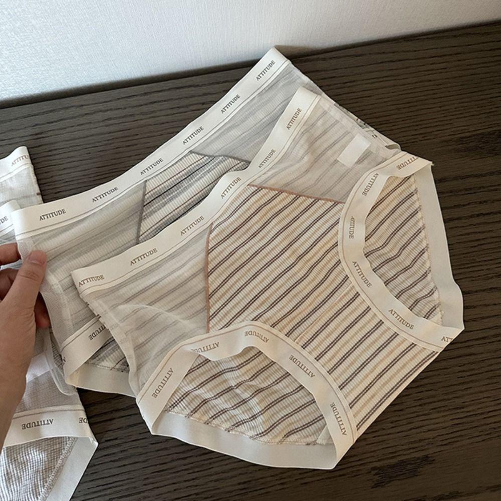3Pcs Mid Waist Stripe Letter Briefs Ultra-thin Underwear for Women Mesh Seamless Panties  Gifts
