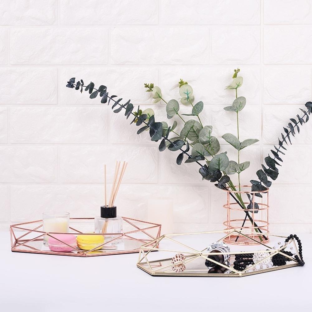 Three-dimensional Wrought Iron Storage Tray Nordic Minimalist Rose Gold Mirror Bottom Hexagonal Tray Home Decoration