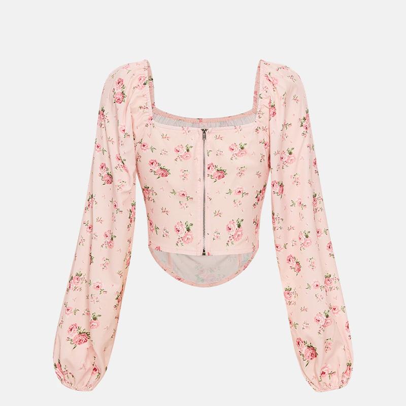 Chemisier à manches longues style automne, haut pull-over floral pour femmes