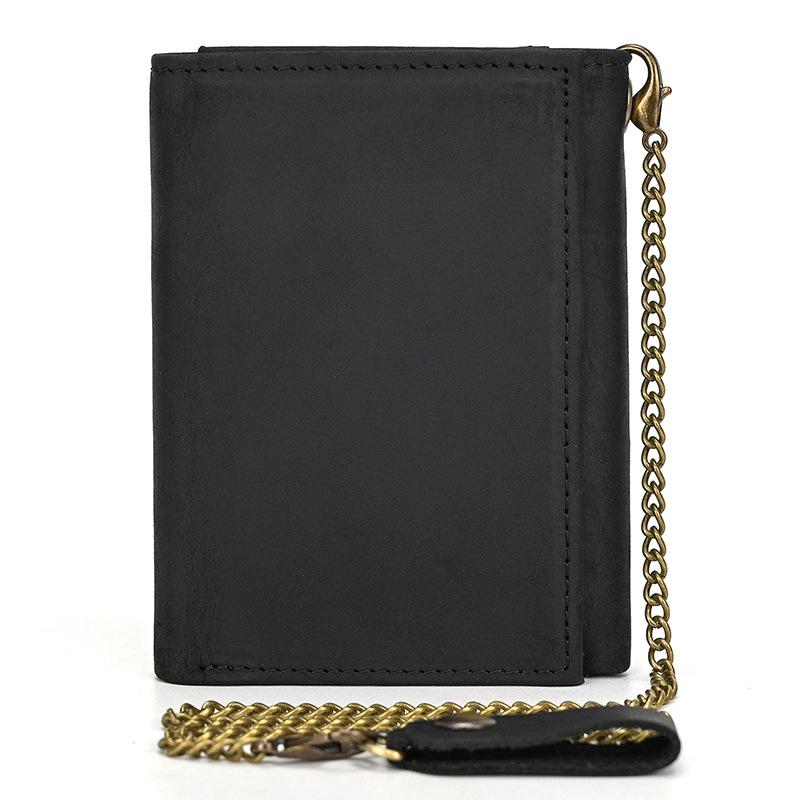 Vintage Genuine Leather Men Wallet Crazy Horse Leather Male Cowhide Trifold Card Holder Wallet with Metal Chain