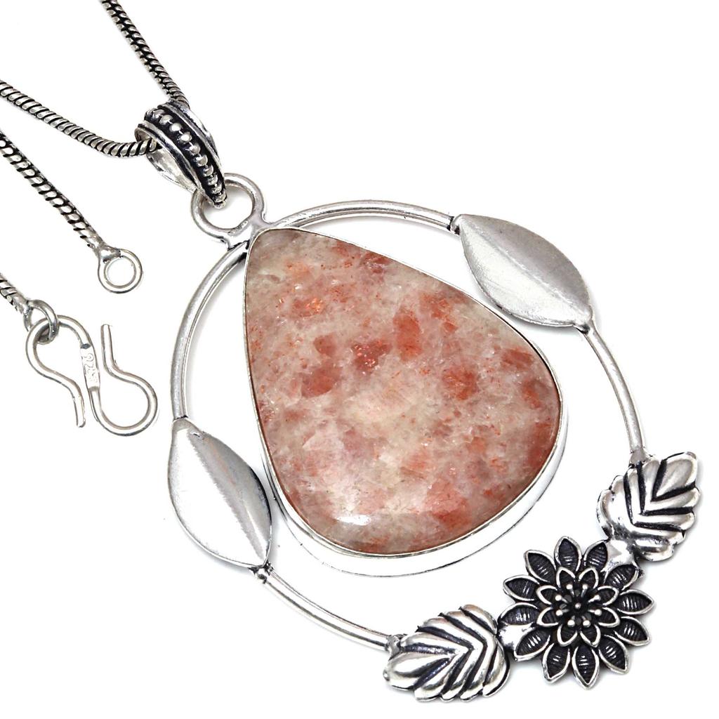 Pendant Sunstone Gemstone Handmade Gift For HerAntique Silver Jewelry 3"
