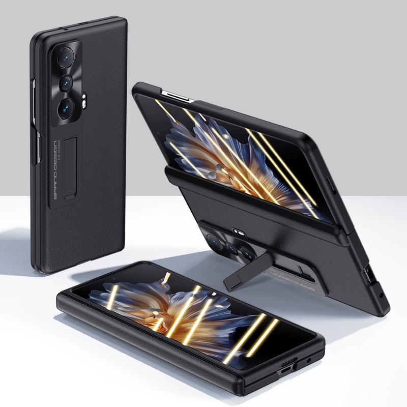 

For Honor Magic Vs Ultimate 5G/Magic Vs 5G Kickstand Phone Cover PU Leather Coated PC Anti-drop Case with Ultra Clear Tempered Glass Film Black