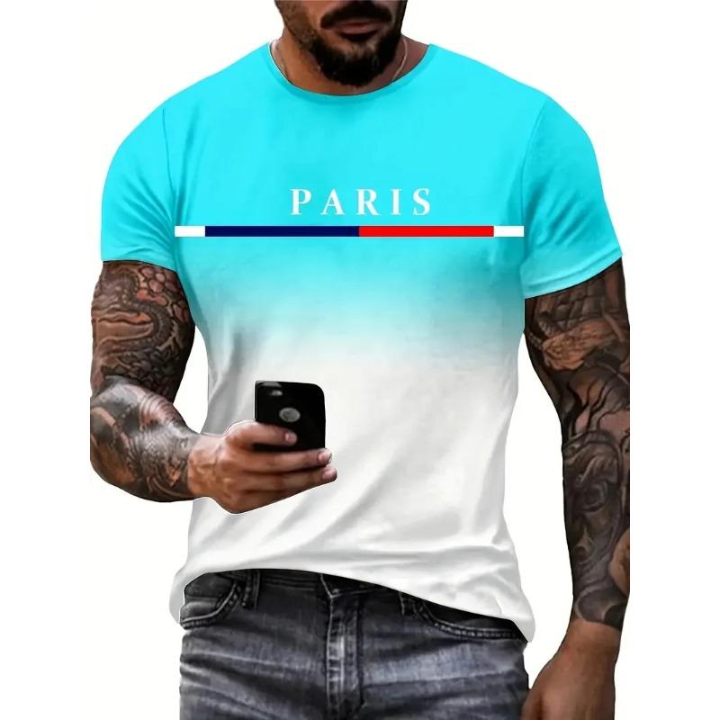 Summer Men's Gradient Paris Letter 3D Printed T-shirt Casual Round Neck Short Sleeve Comfortable T-shirt