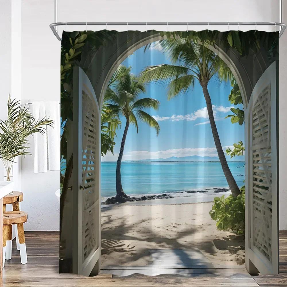 Deniz Kenarı Manzarası Dış Mekan Manzarası Plaj Duş Perdesi Banyo Dekorasyonu Kancalı Polyester Duş Perdesi