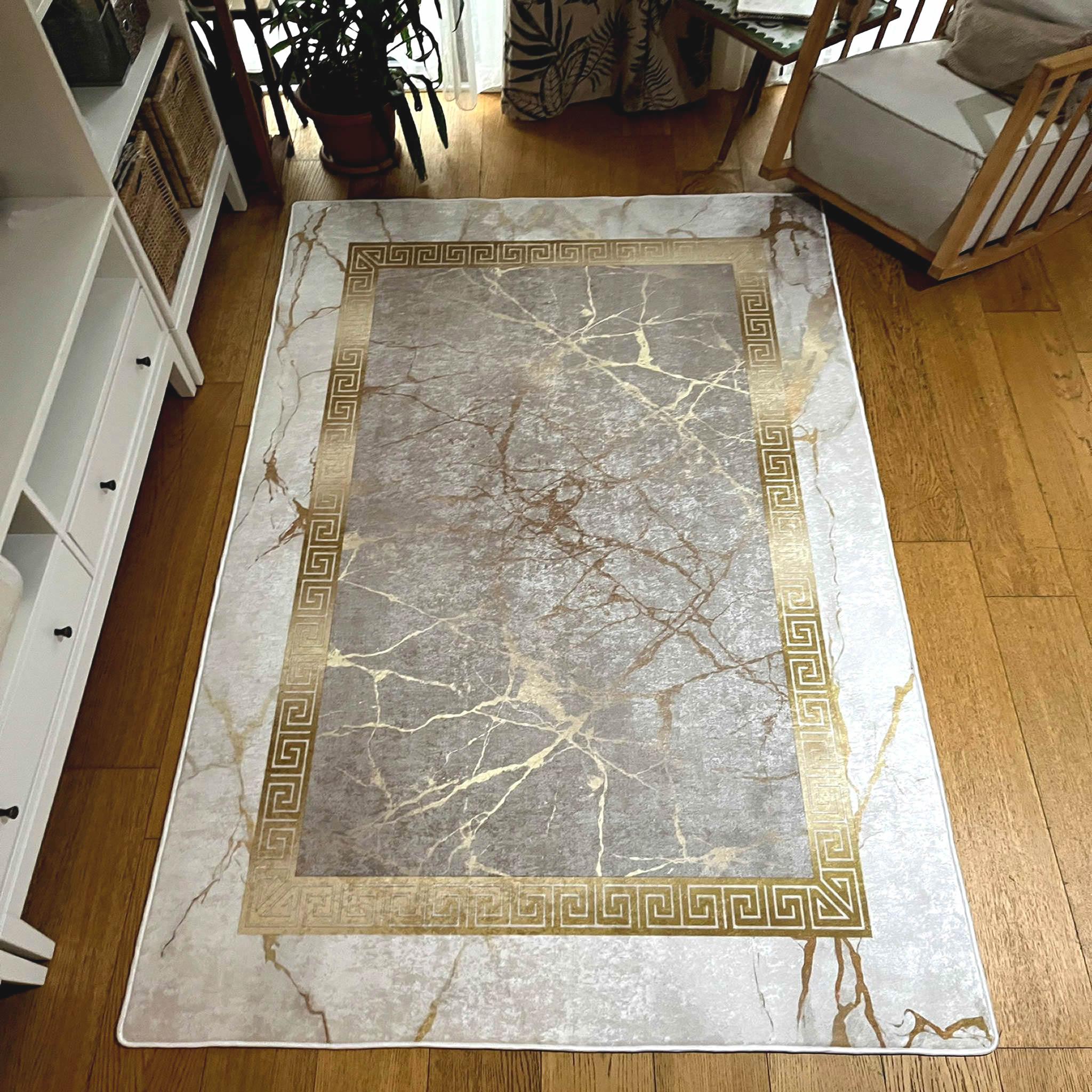 

EPeddler Home Современный золотой мраморный узор Цифровая печать Моющаяся нескользящая точечная основа Новое поколение гостиной, кухни, комнаты Ковер и бегун 50 x 80