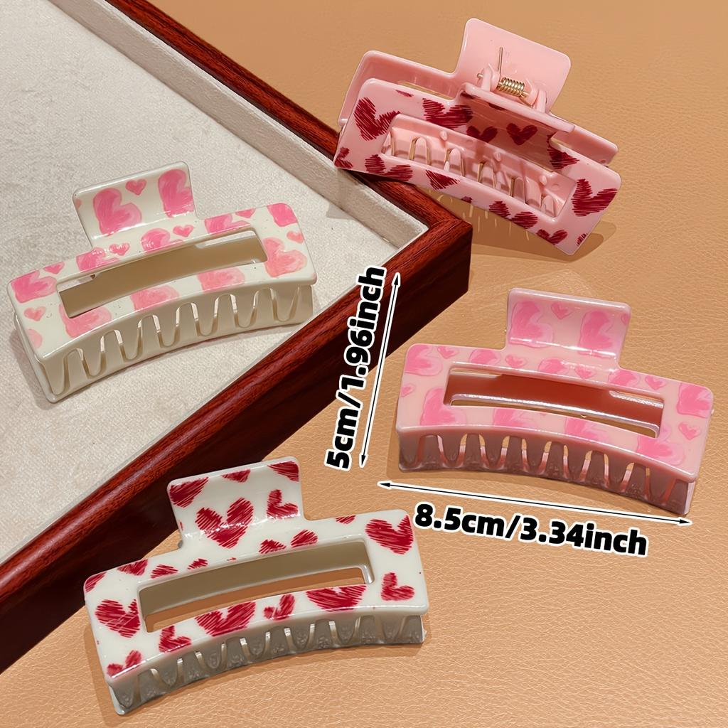 Set da Donna 4 pezzi, Rosa, Alla moda ed Elegante, Carino, Accessori per Capelli per San Valentino, Fantasia a Cuori, Pinza per Capelli Quadrata Media, Adatto
