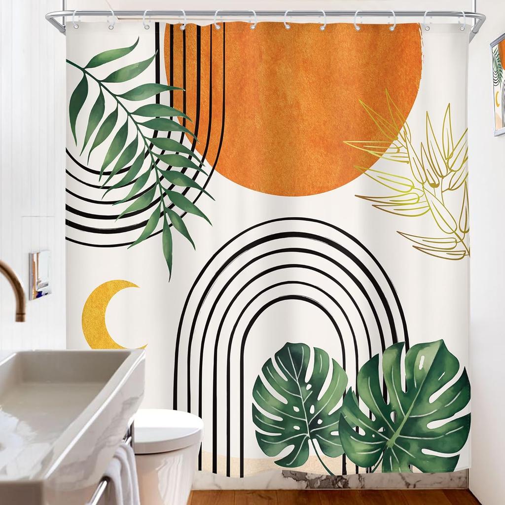 Tropical Boho Shower Curtain Abstract Sun Moon Rainbow Leaves Modern Art Design Beach Vibes Bathroom Decor Eco Style Home