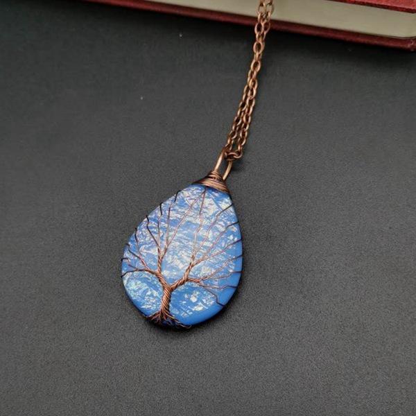 Vintage Handmade Copper Wire Winding Water Drop Tree Of Life Color-Changing Corrugated Resin Necklace Pendant Exquisite N516