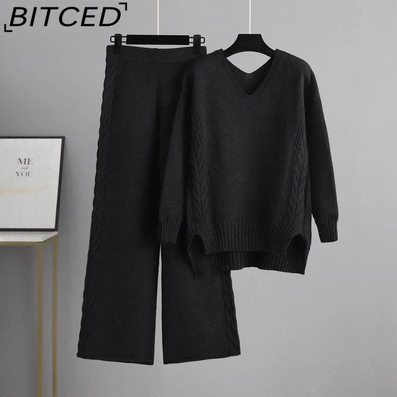 

BITCED Laid-back Loose Pullover Sweater Set for Women s Autumn and Winter, Simple Wide-leg Pants, Stylish Knitted V-neck Two Sets One size чорний