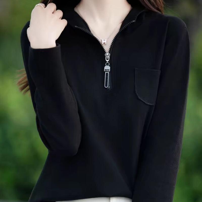 Hooded Base Blouse for Women Long-sleeved Sweater Comfortable Fit and Slim Half Zipper Leisure Sweater Jacket Hoodie