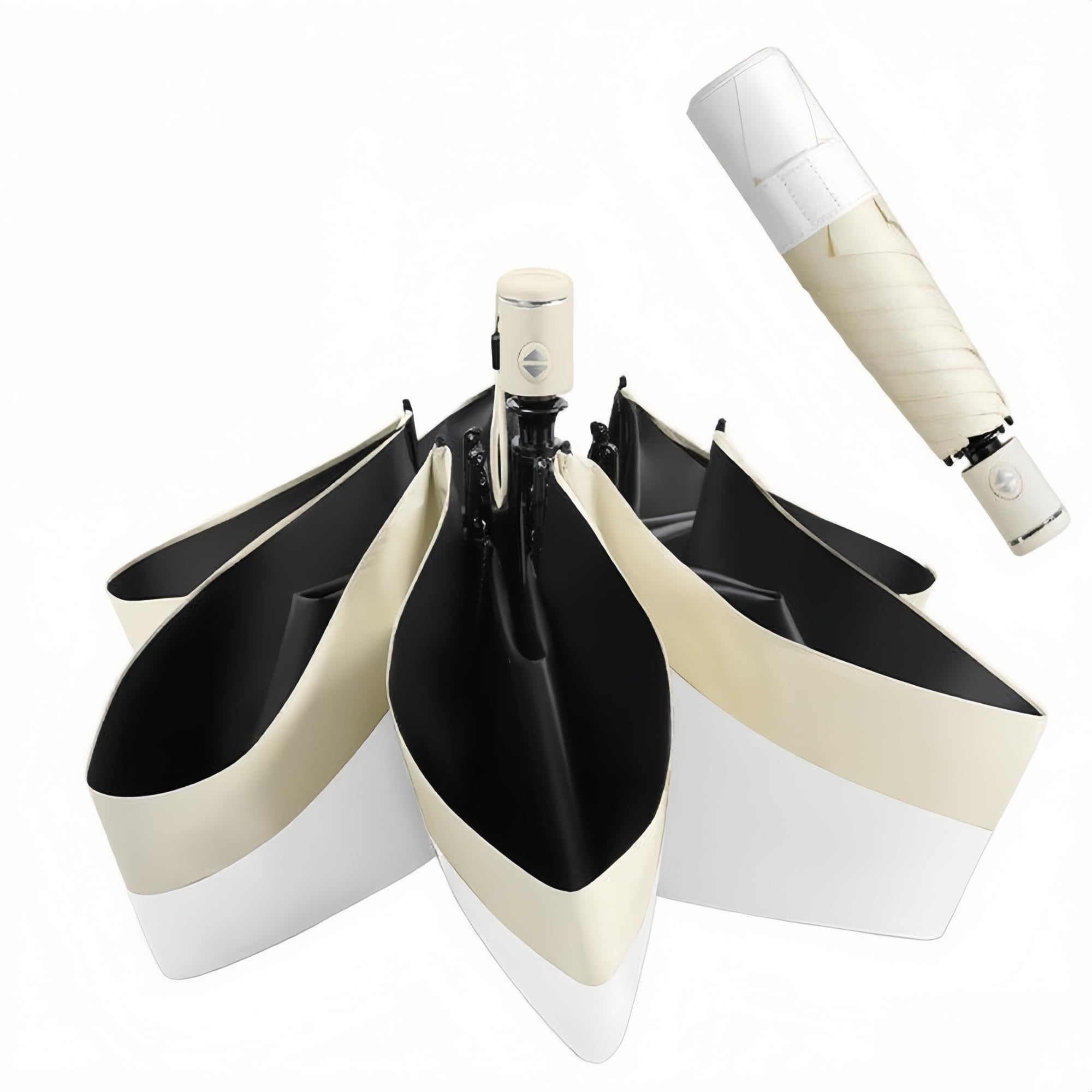 

AnberKK Зонт складной автоматический с эффектом памяти, УФ-защита, термостойкий, подходит для мужчин, компактный и солнце-ветрозащитный, белый с абрикосовым кантом, ультралегкий,