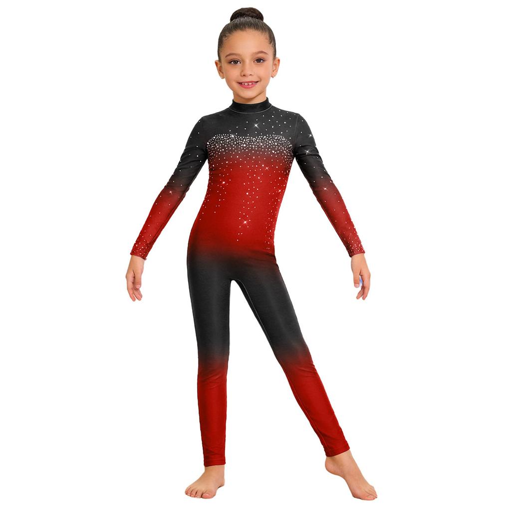 Kids Girls Asymmetrical Rhinestone Ballet Dance Leotard Sheer Mesh Gymnastics Jumpsuit Full Body Suit Figure Skating Dancewear