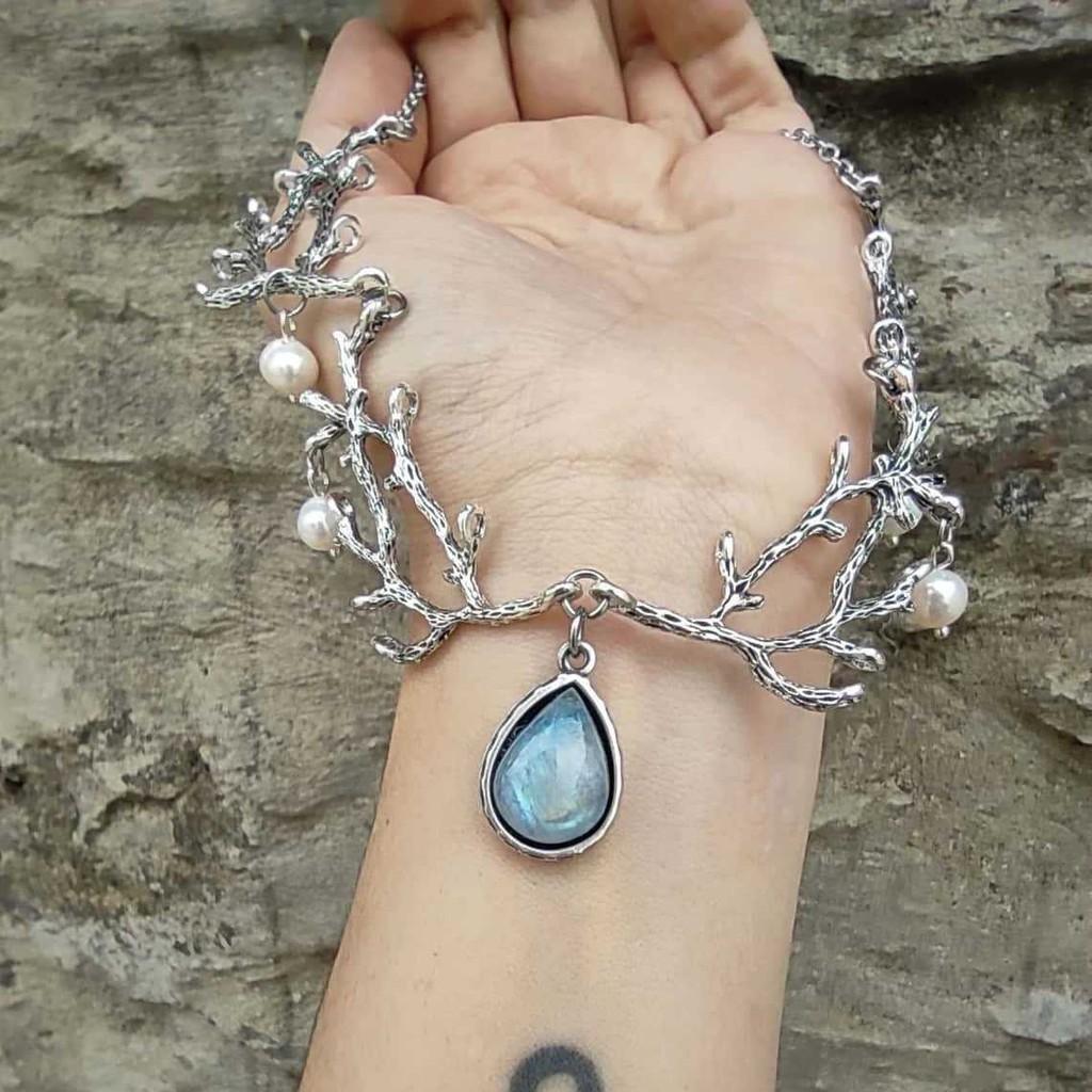 Forest Spirit Tree Branch Necklace With Moonstone And Silver Leaf Pendant For Women