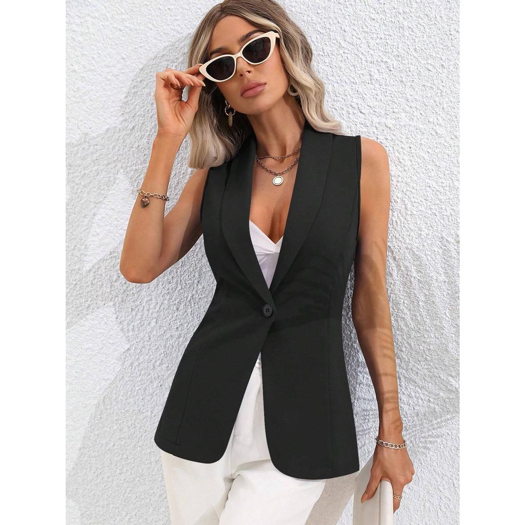 Women's V Neck Sleeveless A-Line Loose Fit Solid Color Single Button Vest Jacket