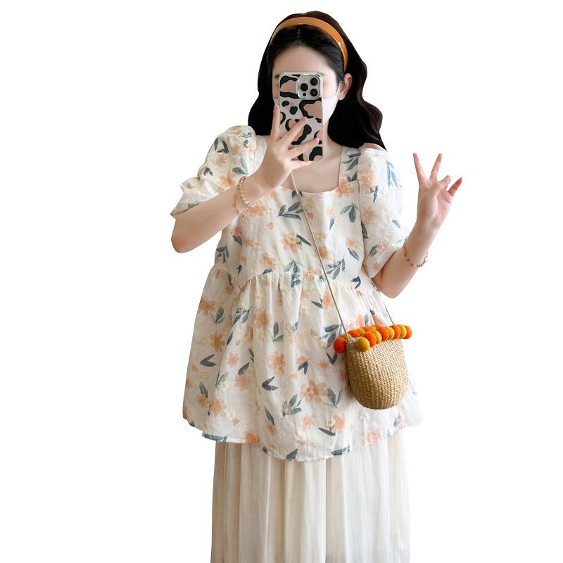 Women's Maternity Summer Doll Shirt & Shorts Two-Piece Set - Fashionable Short Sleeve Outfit for Outings