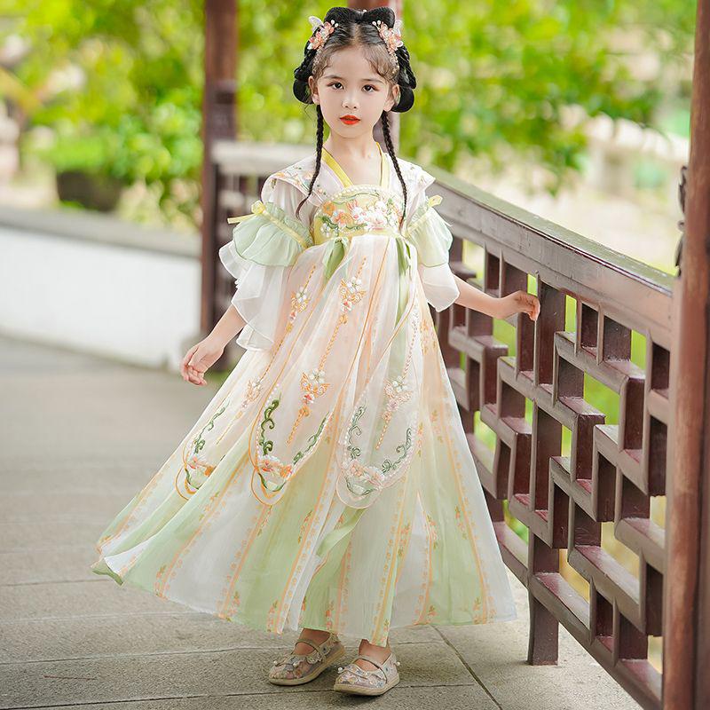 Girls Summer Hanfu Fairy Dress - Ancient Style Tang Suit Skirt for 2026 110 оранжевый