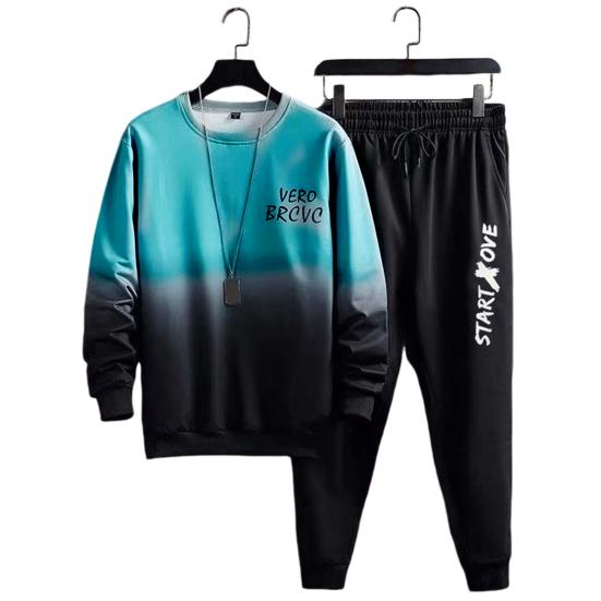 2 Pcs/Set Men Top Pants Suit Gradient Contrast Color Long Sleeve Round Neck Loose Elastic Waist Ankle Banded Hip Hop Sports Tracksuit Fall Spring Top