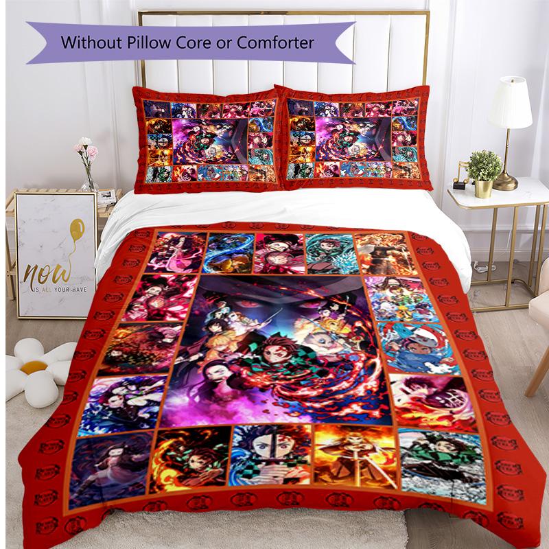 Demon Slayer Pattern Printed 3PCS Bedding Set, Soft Skin-Friendly Washable Duvet Cover & Pillowcases Set