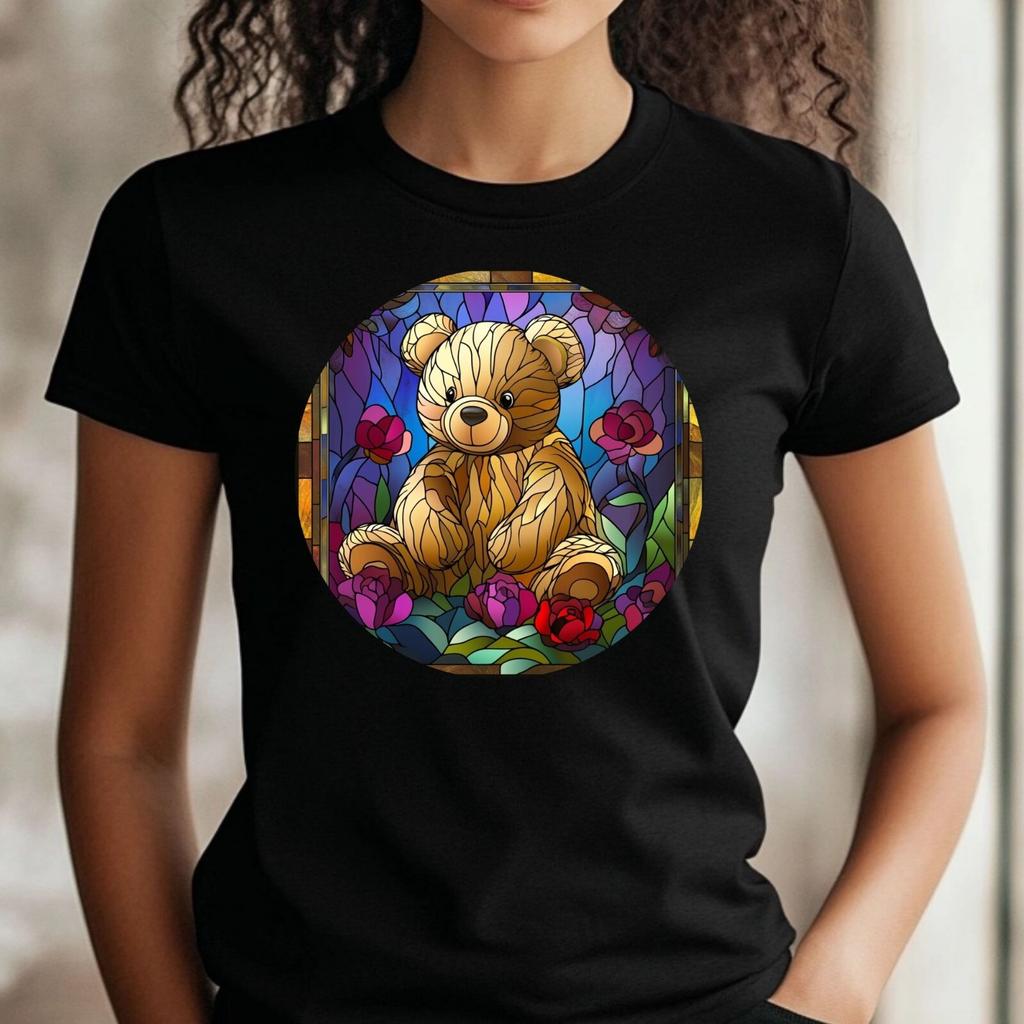 T-Shirt Frauen Teddybär Buntglas Motiv Baumwolle Größe XS bis 3XLWird in neuem Fenster oder Tab geöffnet