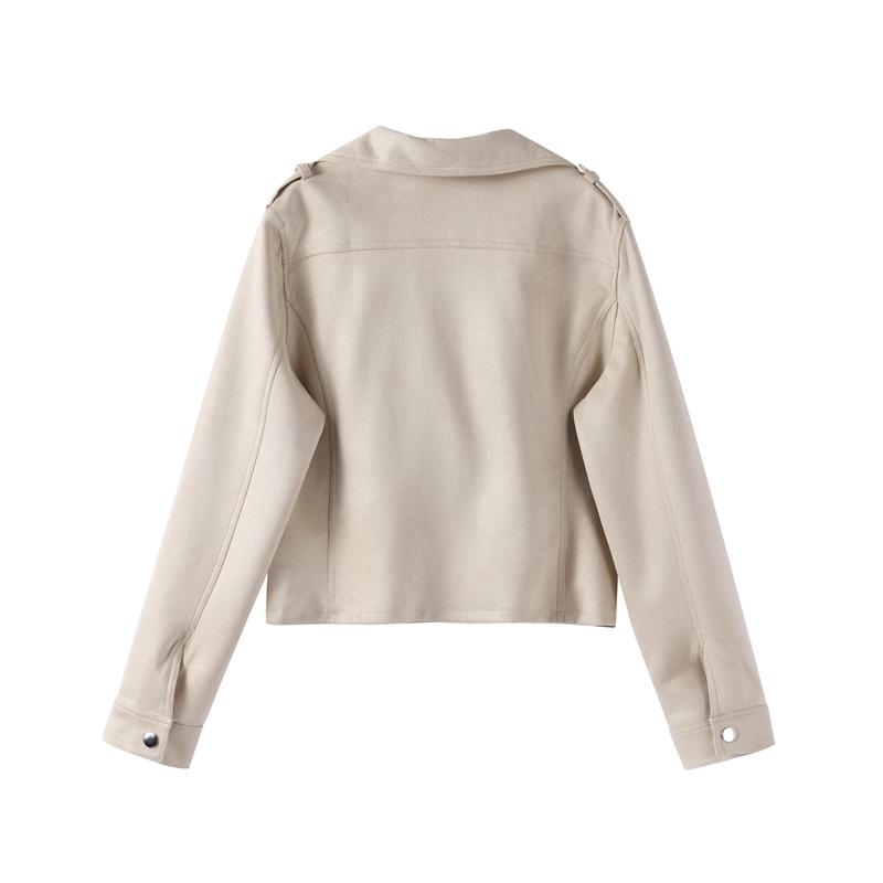 Jaqueta Vintage de Couro Camurça Sintético Slim Fina Feminina Gola Virada para Baixo Zíper Casaco Curto Manga Comprida Jaquetas Sólidas Estilo Motociclista Casual Outono Inverno