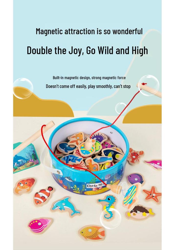 Kids' Magnetic Wooden Fishing Game - Cartoon Marine Life Educational Toy