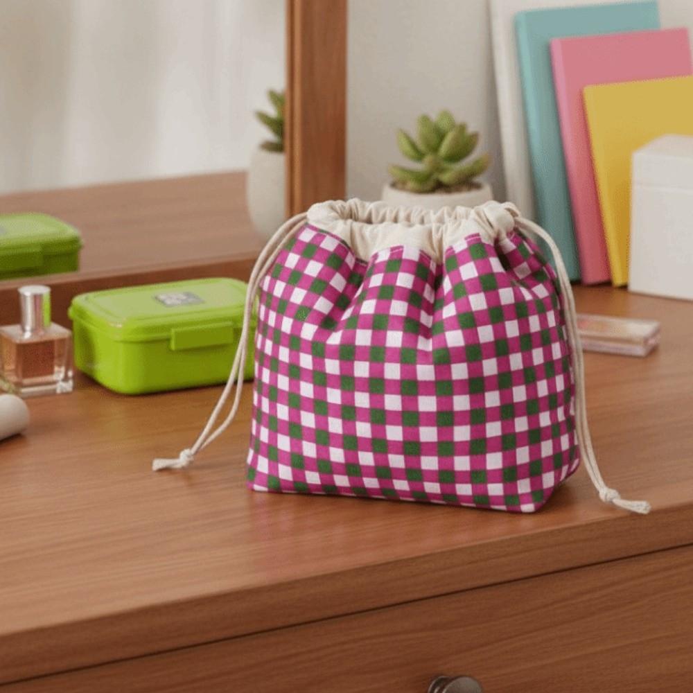 Plaid Pattern Drawstring Cosmetic Organizer Large Capacity Drawstring Storage Pouch  Travel Storage