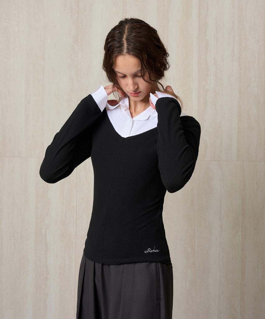 RE RHEE Shirt Collar Ribbed Knit Top Black