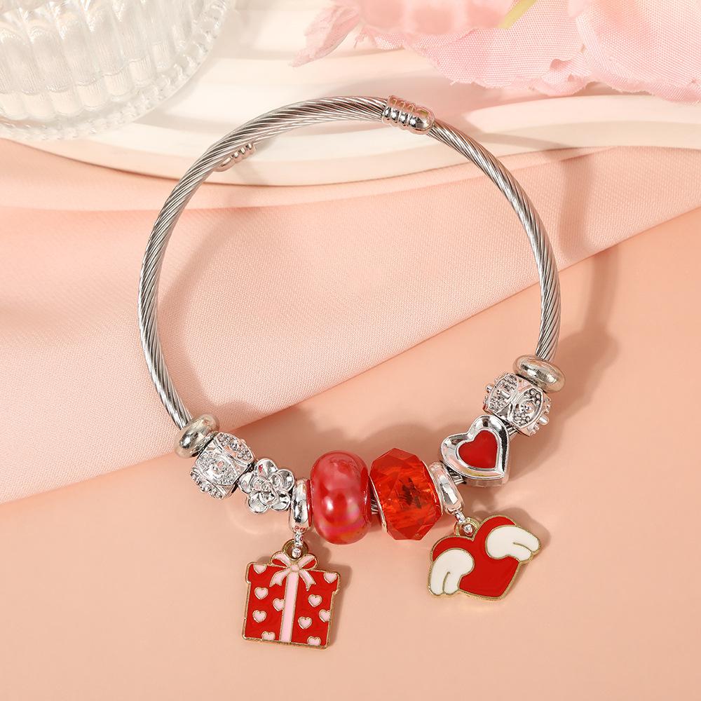 Cute Cartoon Bear Angel Heart Beaded Bracelet Stainless Steel Valentine Gift for Her Girlfriend Women