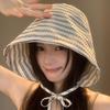 Women'S Wide-Brimmed Foldable Bucket Hat With Drawstring Korean Style Striped Panama Outdoor Hiking Hat Sun Protection Hat