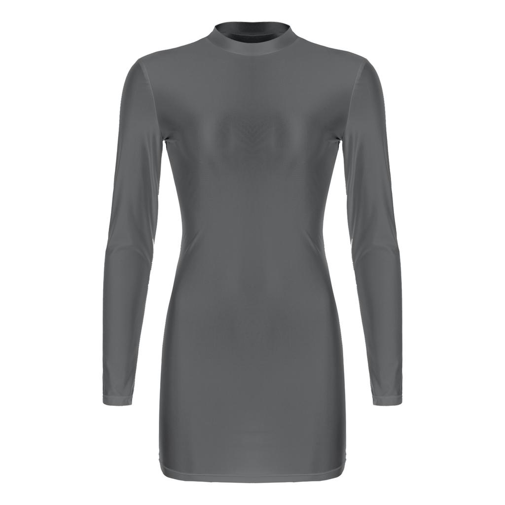 Womens Glossy Long Sleeve Bodycon Dress Mock Neck Solid Color Stretchy Fabric Tight Fitting Nightwear Evening Gown
