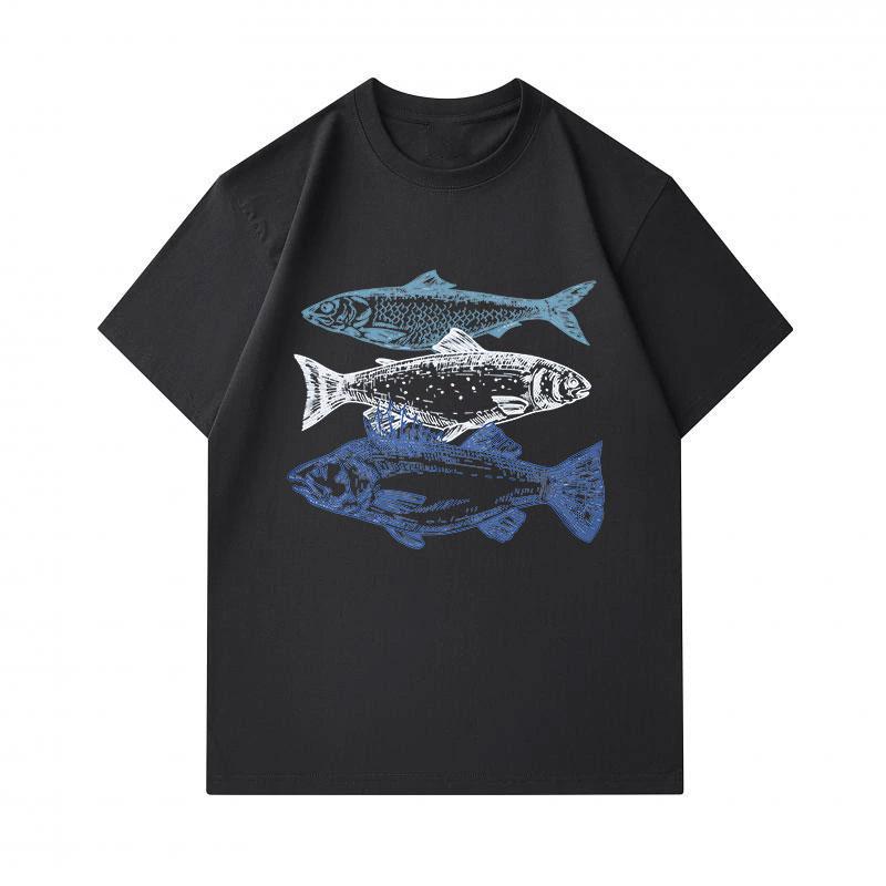 Men's 100% Cotton Crew Neck Short Sleeve T-Shirt, Casual Retro Three Fish Printed Comfortable Tee, Lightweight Breathable Daily Summer Top for Men
