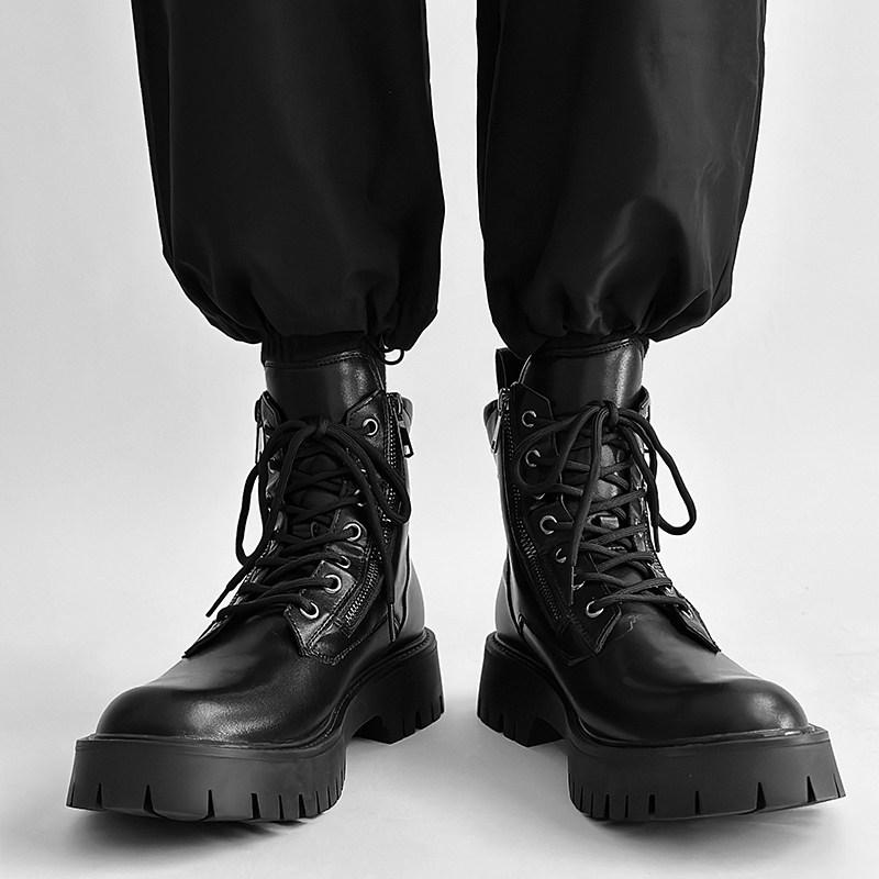 Locomotive boots  autumn winter British style Martin boots Men's trendy high-top leather shoes Platform sole Premium sense Medium help tooling