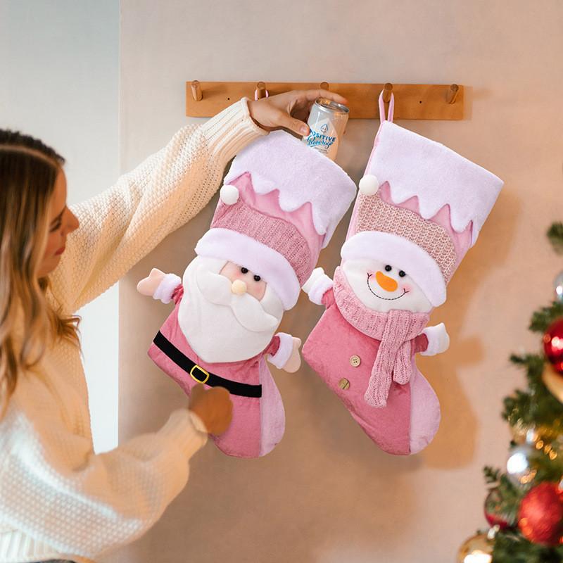 Nordic Pink Festive Christmas Stockings With Adorable Santa Snowman Perfect For Gifts
