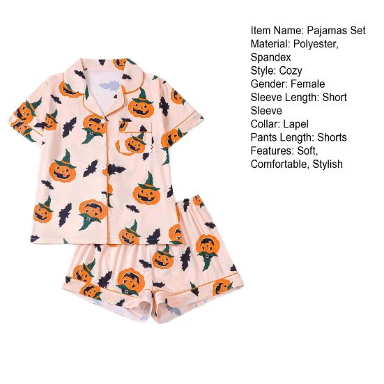 Damen Halloween Pyjama Set Knopfleiste 2-teiliges Pjs Shorts Set Kürbisdruck Kurzarm Nachtwäsche Sets