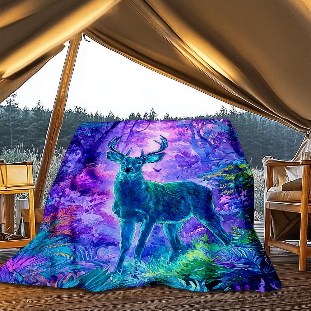 1pc Deer Fantasy Forest Throw Blanket Polyester Fiber, Lightweight Flannel, Soft & Warm, All Season Use for Outdoor, Camping Digital Print