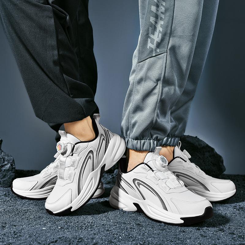 

Men s shoes autumn and winter new rotating button sneakers leather waterproof running shoes women s shoes trendy couple dad shoes 44