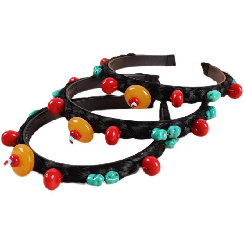 Tibetan simulation hair woven headband retro Tibetan headgear women's turquoise fringed accessories Xizang hair accessories