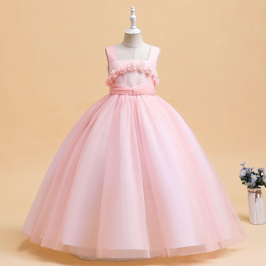 Children's 3D Floral Evening Dress - Long Puff Tulle for Piano Performance & Weddings