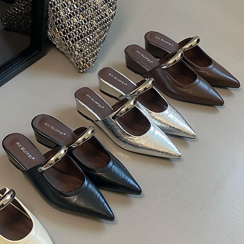 Mode Silber Damen Pantoletten Mode Metall Damen Keilabsatz Hausschuhe Pantoletten Schuhe Sommer Frühling Spitzschuh Damen Hausschuhe Sandalen Schuhe