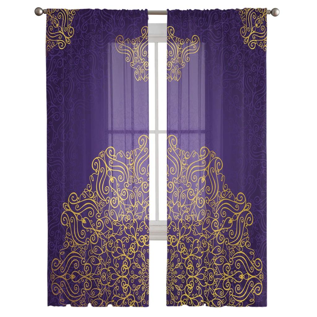 Lila Blomma Etniska Tyllgardiner för Vardagsrum Tryckta Skira Voilégardiner Sovrumsfönsterskärmar Draperier Persienner Heminredning