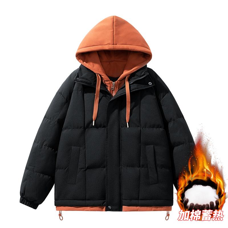 New winter fake two-piece cotton-padded clothes hooded cotton clothes for men and women couples with the same waterproof loose thickened