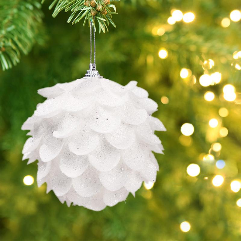 3pcs/pack 10cm White Petal Shape Glitter Foam Snowball Christmas  Ball Hanging Pendant Decoration