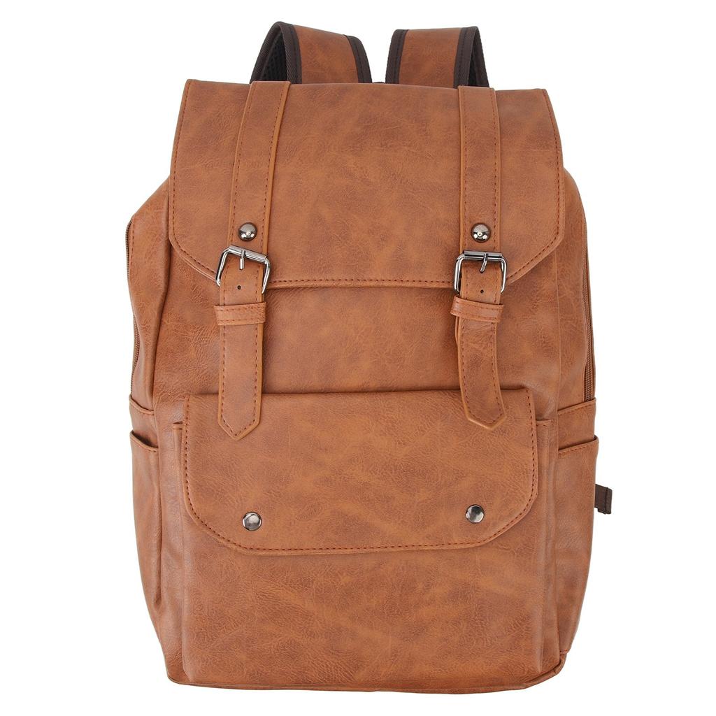Men Backpack Vintage Style Soft PU Leather Large Capacity Fashionable Shoulders Bag for Travel Business Light Brown