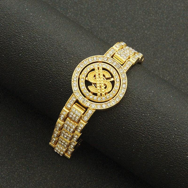 Mens Punk Hip Hop Rhinestone Studded Geometric Alloy Bracelet With Letter Design Gold Gold