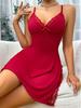 Women's Soft Lingerie Sexy V-Neck Low-Cut Nightgown Milk Silk Sleepwear Lace Babydoll Chemise Side Slit Nightie Erotic Backless Nightdress