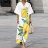 VONDA Summer Women V Neck Half Sleeve Floral Print Back Lace-up Casual Long Dress