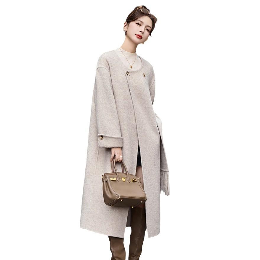 Autumn and Winter New Fashion Fringed Scarf Double-sided Wool Coat Women's Long Temperament Wool Coat