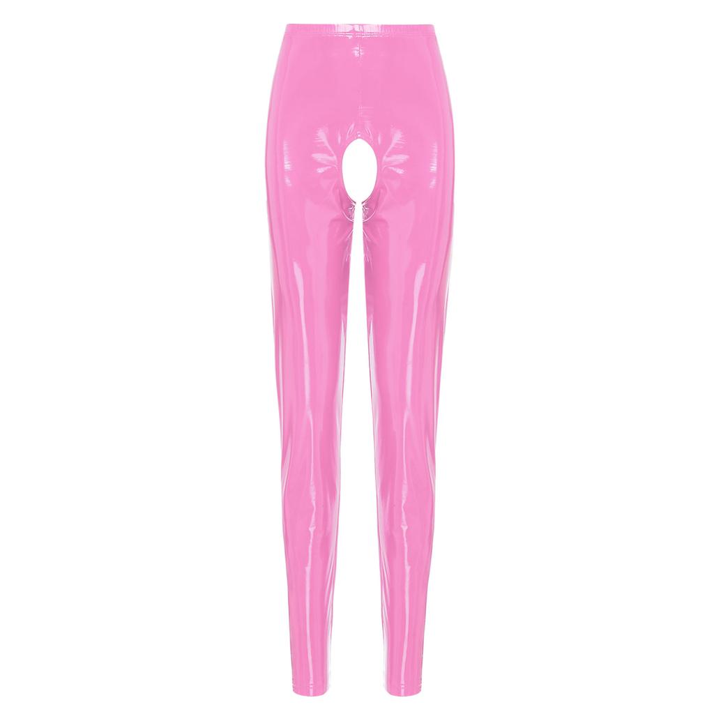 Womens Patent Leather Crotchless Pants High Waist Elastic Leggings Glossy Clubwear