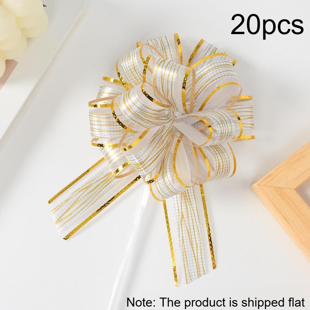 

20pcs Bulk Pack White & Golden Striped Ribbon Bows-Heavy-Duty Plastic Large Leaf-like Tips for Wedding,Valentine’s Gift Wrapping