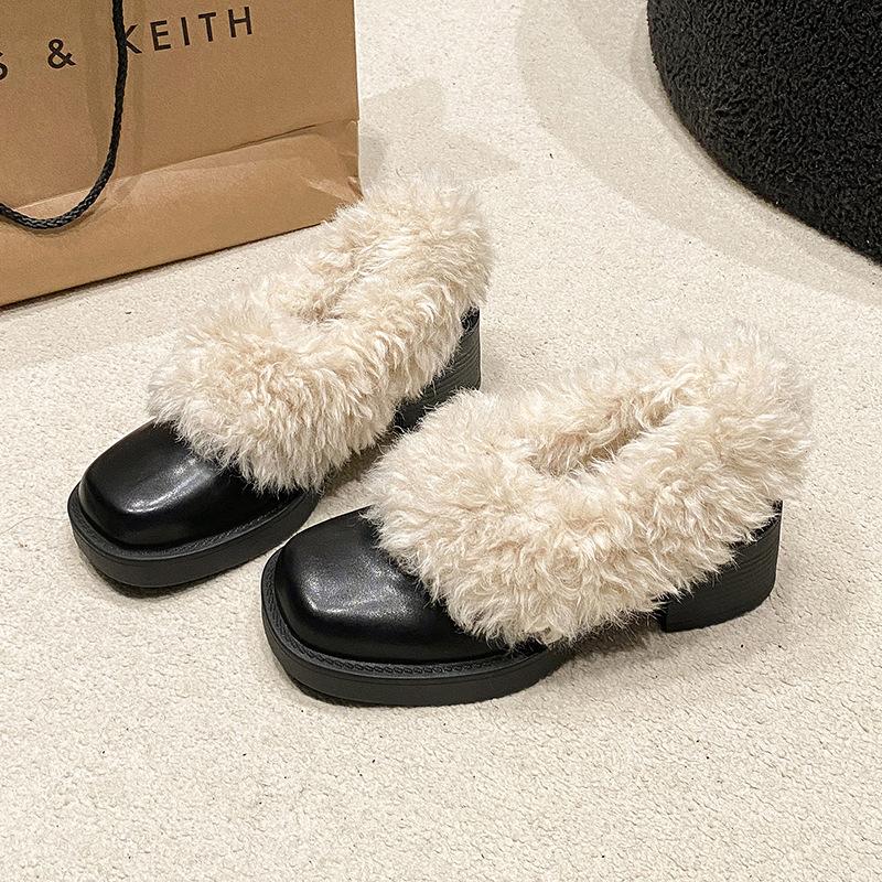 

Square head Mao Mao warm thick heel loafers 2025 autumn and winter French Mary Jane medium heel small leather shoes women 40